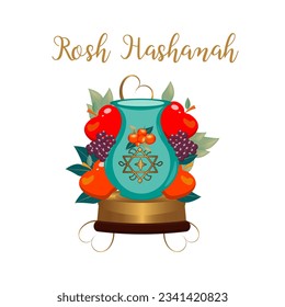 Jewish New Year. Shana Tova, Rosh Hashanah holiday symbols WITH VASE and FRUITS greeting posters.