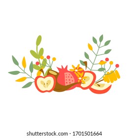 Jewish New Year Symbolic Composition with Apple, Pomegranate and Floral Elements Vector Illustration. Flower Arrangement for Postcard and Greeting Card