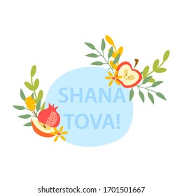 Jewish New Year Symbolic Composition with Apple, Pomegranate and Floral Elements Vector Illustration. Flower Arrangement with Shana Tova Inscription for Postcard and Greeting Card