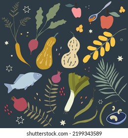 Jewish New Year symbols and food simanim set of hand-drawn vector illustrations of for Rosh Hashanah projects and happy Rosh Hashana, Shana Tova greeting cards and banners