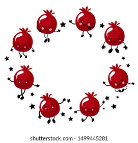 Jewish New Year, Yom Kippur, Tishrei, Rosh Hashana. Shana Tova vector greeting card with cute pomegranate round frame for Rosh Hashanah, jewish new year, traditional holiday.