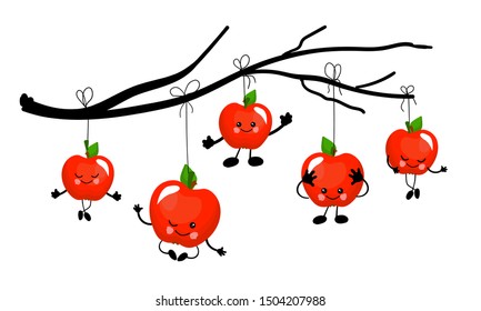 Jewish New Year, Yom Kippur, Tishrei, Rosh Hashana.FUN FRUITS. RED APPLES ON A BRANCH. VITAMINS. AUTUMN HARVEST. FUNNY FRUIT CHARACTERS