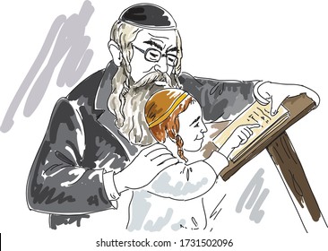 Jewish orthodox boy study. Vector illustration.