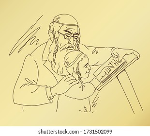 Jewish orthodox boy study. Vector illustration.