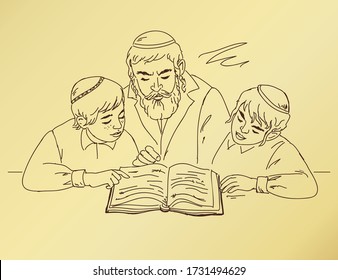 Jewish orthodox children study. Vector illustration.