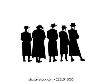 jewish orthodox  vector black silhouette, flat vector silhouette, black on white background. Jews wear long black clothes while praying, on the wailing stone