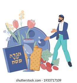 Jewish Passover banner or greeting card with male character and traditional Passover items. Text on Hebrew on book  Pesach and Passover tale, flat vector illustration isolated on white background.