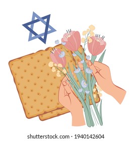 Banner de la Pascua Judía o tarjeta de saludo con las manos sosteniendo flores de primavera.  Póster de Pesach y Passover para web e impresión, ilustración plana vectorial sobre fondo blanco.