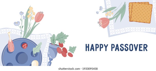 Jewish Passover festive website banner template with items for holiday celebration. Pesach or Passover holiday background for site and prints, flat vector illustration on white.