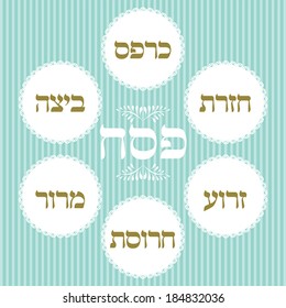 Jewish passover holiday greeting set design. Vector illustration with hebrew text - Happy Passover, ritual plate with hebrew text - egg, shank bone,charoset, lettuce, parsley.  