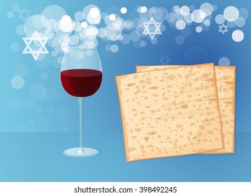 Jewish passover holiday. Matzoh and Wine on a Blue Background.