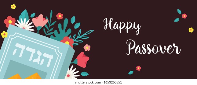 Jewish Passover holiday, Pesah celebration concept. Jewish banner with Haggadah book, Matzo and Seder plate. Vector holiday banners with spring flowers. Haggadah in Hebrew written on the book