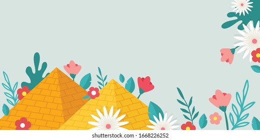 Jüdischer Pessach Urlaub, Pesah Feier Konzept. Jüdisches Banner mit ägyptischen Pyramiden als Zeichen für den Judenexodus aus Ägypten und Frühlingsblumen. Vektorillustration