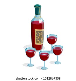 Jewish Passover Holiday Red Wine bottle wineglass "Kiddush cup" isolated for ceremony prayer Passover seder Shabath Vintage four wine glasses, traditional drink food pesach plate family icon logo sign