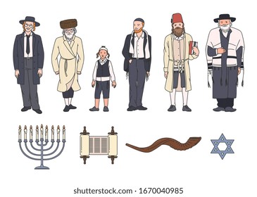 Jüdische Menschen Kleidung und Symbol mit Showhorn und Stern von David, Torah Scroll und menorah Candelabrum gesetzt. Cartoon Judaism Collection, flache einzelne Vektorillustration Illustration