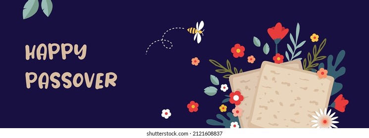 Festividad judía de pesach, Pascua, banner de saludo con símbolos tradicionales, flores y hojas. ilustración vectorial