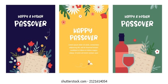 Jewish pesach holiday, Passover,, greeting card set with traditional icons. Happy Passover. matzah bread, wine, flowers and leaves, Passover symbols and icons. Vector illustration