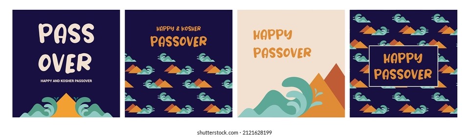 Jewish pesach holiday, Passover, greeting card set with the Egyptian pyramids and splitting sea. Happy Passover. Holiday Jewish exodus from Egypt. Pesach template for your design. Vector illustration