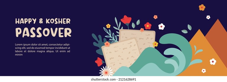 Jewish pesach holiday, Passover, greeting banner with traditional symbols, flowers and leaves. vector illustration