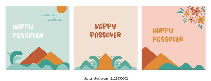 Jewish pesach holiday, Passover, greeting card set with the Egyptian pyramids and splitting sea. Happy Passover. Holiday Jewish exodus from Egypt. Pesach template for your design. Vector illustration