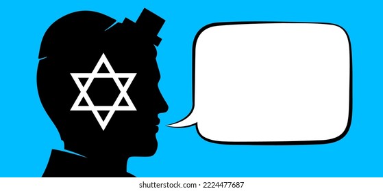 Jewish praying man with empty text bubble for sentence or words placement. Judaic person talks or says something religious, flat style vector illustration.