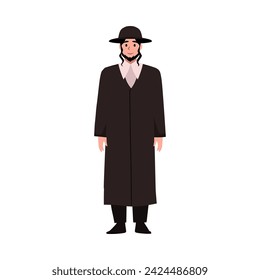 Jewish priest male. Cartoon religious bearded man in black coat and headdress isolated on white background. Vector Illustration Israelite Orthodox religion, kosher person