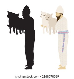 A Jewish priest from the period of the Jewish Temple in Jerusalem lifts two sheep with his hands.
Isolated figures on a white background.
Vector. colourful. A black silhouette.