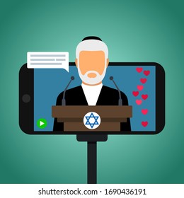 Jewish rabbi holds Saturday Sabbath online. Home synagogue during quarantine due to Covid-19 coronavirus. Internet Synagogue and Star of David. vector illustration