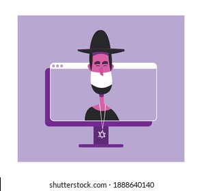 Jewish rabbi holds Saturday Sabbath online. Home synagogue during quarantine due to Covid-19 coronavirus. Internet Synagogue and Star of David vector illustration