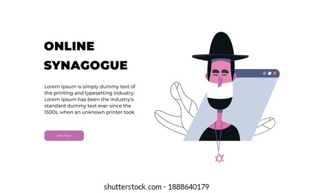 Jewish rabbi holds Saturday Sabbath online. Home synagogue during quarantine due to Covid-19 coronavirus. Internet Synagogue and Star of David vector illustration