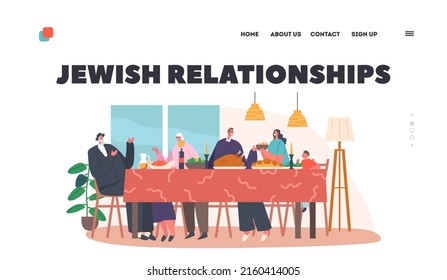 Jewish Relationship Landing Page Template. Happy Israel Family Celebrate Hanukkah Holiday or Having Dinner at Home. Parents, Grandparents and Child Sitting at Table. Cartoon People Vector Illustration