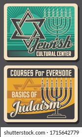 Jewish religion and culture, vector retro vintage posters, Judaism cultural center and Hebrew courses. Torah teaching and synagogue rabbi traditions, Davis Star Magen and Hanukkah menorah candlestick