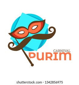 Jewish religion holiday Purim carnival isolated icon mask and mustache vector masquerade costume accessory face covering greeting and celebration emblem or logo Jew tradition and custom judaism