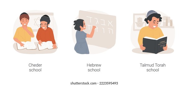 Jewish religious education isolated cartoon vector illustration set. Traditional Cheder elementary school, kid writing Hebrew letters, Talmud Torah texts, Judaism school program vector cartoon.