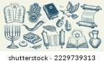 Jewish religious items set. Torah scroll, Menorah, Tablets, Miriam hand. Religion concept vintage vector illustration