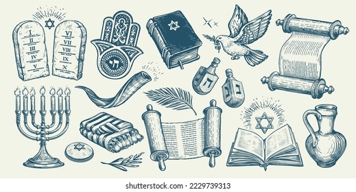 Jewish religious items set. Torah scroll, Menorah, Tablets, Miriam hand. Religion concept vintage vector illustration svg