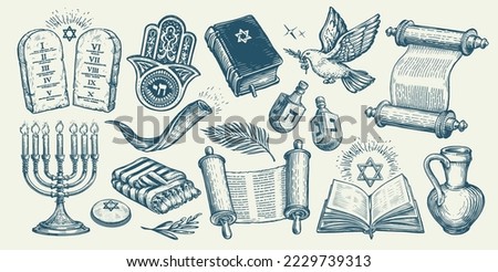 Jewish religious items set. Torah scroll, Menorah, Tablets, Miriam hand. Religion concept vintage vector illustration