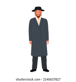 Ilustración vectorial de líder religioso judío. El rabino sabio de caricatura con barba, vestido con traje y sombrero negro tradicional, retrato de un judío de pie aislado en blanco. Judaísmo, religión, sabiduría