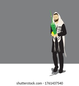 A Jewish religious orthodox man. chassid. holding Arbaat Haminim (the four species) of Sukkot: lulav, etrog, myrtle, willow. Wrapped in a talit, Vector illustration