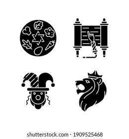 Jewish religious symbols black glyph icons set on white space. Passover Seder plate. Torah scroll. Purim celebration. Judah Lion. Six ritual items. Silhouette symbols. Vector isolated illustration