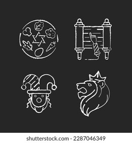 Jewish religious symbols chalk white icons set on black background. Passover Seder plate. Torah scroll. Purim celebration. Judah Lion. Six ritual items. Isolated vector chalkboard illustrations