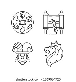 Jewish religious symbols linear icons set. Passover Seder plate. Torah scroll. Purim event. Judah Lion. Customizable thin line contour symbols. Isolated vector outline illustrations. Editable stroke