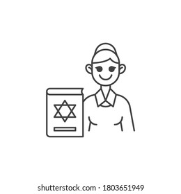 Jewish religious teacher line icon. linear style sign for mobile concept and web design. Woman teacher and book with david star outline vector icon. Symbol, logo illustration. Vector graphics