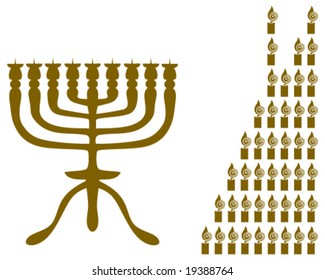 Jewish ritual candelabrum, or Menorah for Chanukah with set of lit candles