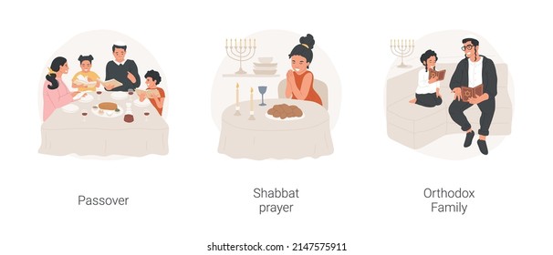 Rituales judíos aislados ilustraciones vectoriales de dibujos animados conjunto. Familia feliz celebrando la fiesta de la Pascua, oración de shabbat, familia ortodoxa, padre religioso judío y su pequeño hijo vectorial caricatura.