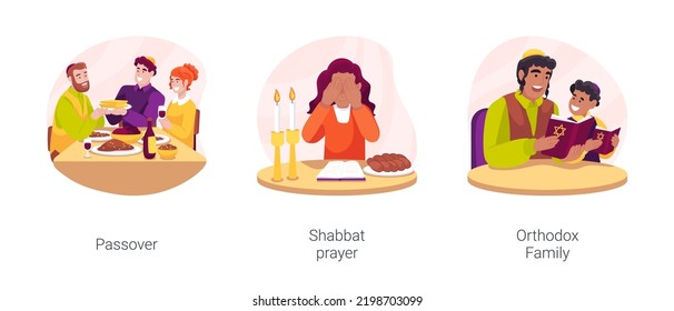 Jewish rituals isolated cartoon vector illustration set. Happy family celebrating Passover holiday, shabbat prayer, orthodox family, jewish religious father and his little son vector cartoon.