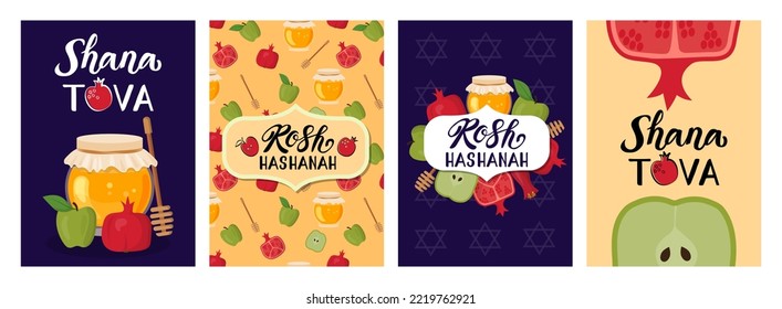 Jewish Rosh Hashana greeting cards. Religious holiday. New Year postcards set. Pomegranate or apple. Honey jar. Traditional celebration. Hashanah posters. Vector illustration background