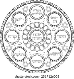 Jewish Rosh Hashana simanim plate decorative illustration with Hebrew titles. Judaica black linear art design. Jewish holiday coloring page. Translation: "A good year"