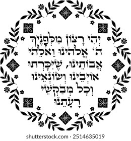 Jewish Rosh Hashanah Blessing over Leeks meal dish artwork. Translation from Hebrew: "May it be Your will those who wish evil upon us shall be cut down"