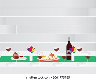 Jewish Rosh Hashanah Festive Dinner Table Vector Illustration